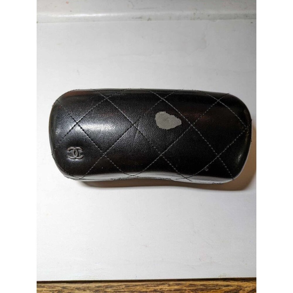 Chanel black leather Quilted clam shell Sunglasses Case CC Signature Logo